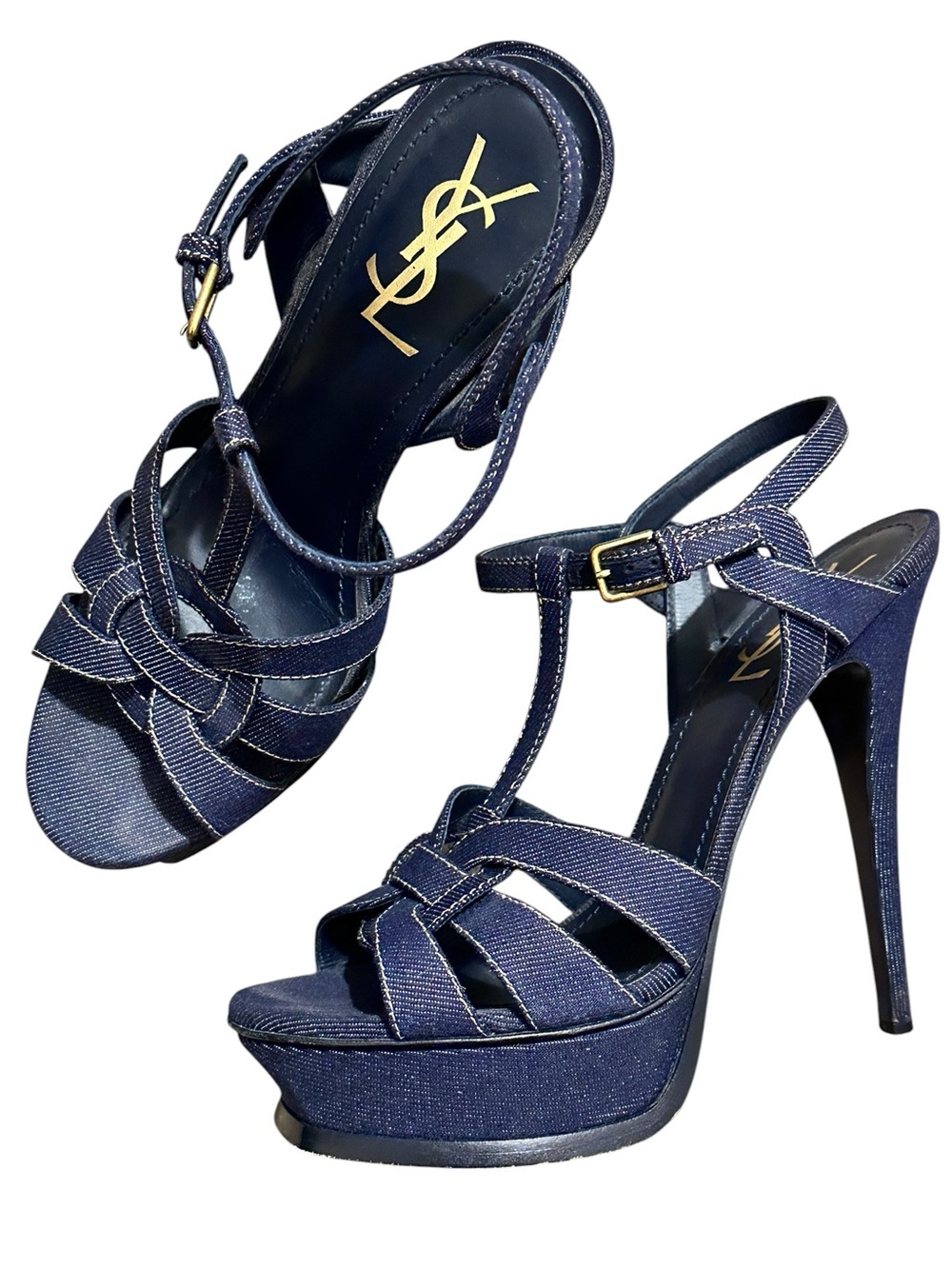 YSL Yves Saint Laurent Tribute 120 Blue Denim Gold Accent Platform Heeled Sandal